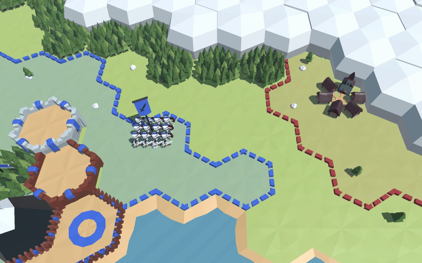 A blue army positioned on a hex map with open ground between its building and an enemy village.