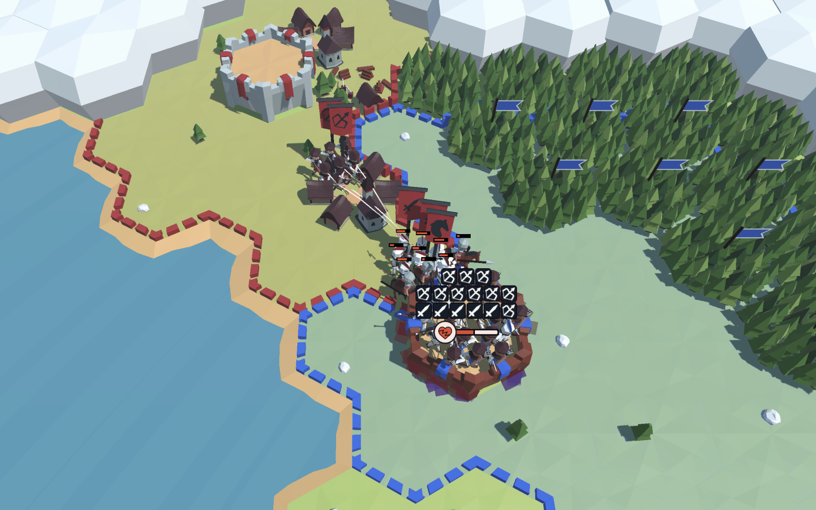 A hex map where an attacking army meets a defending force beside a garrisoned building that fires on the attackers.
