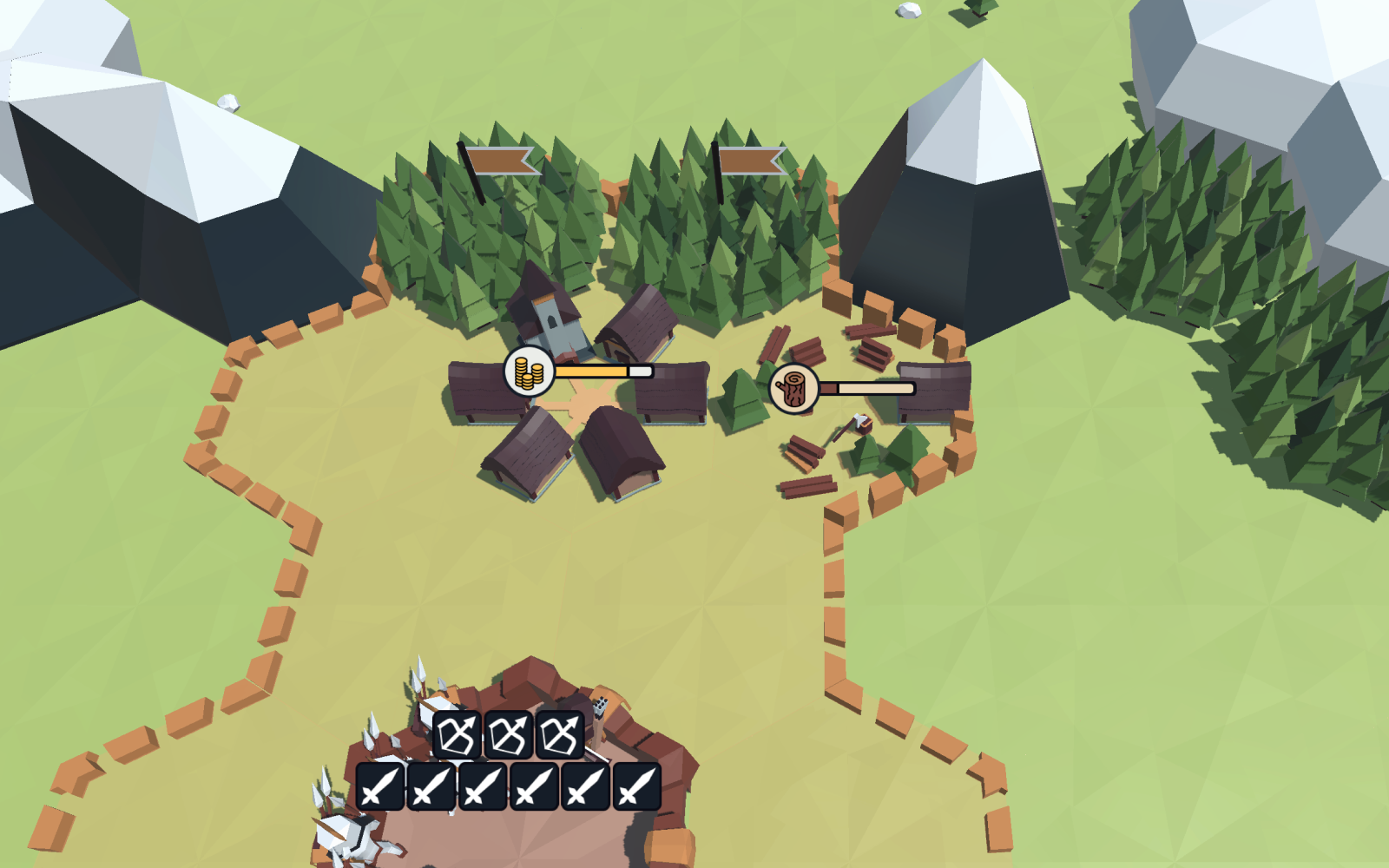 A hex map with a village beside resource buildings, forests, and mountains.