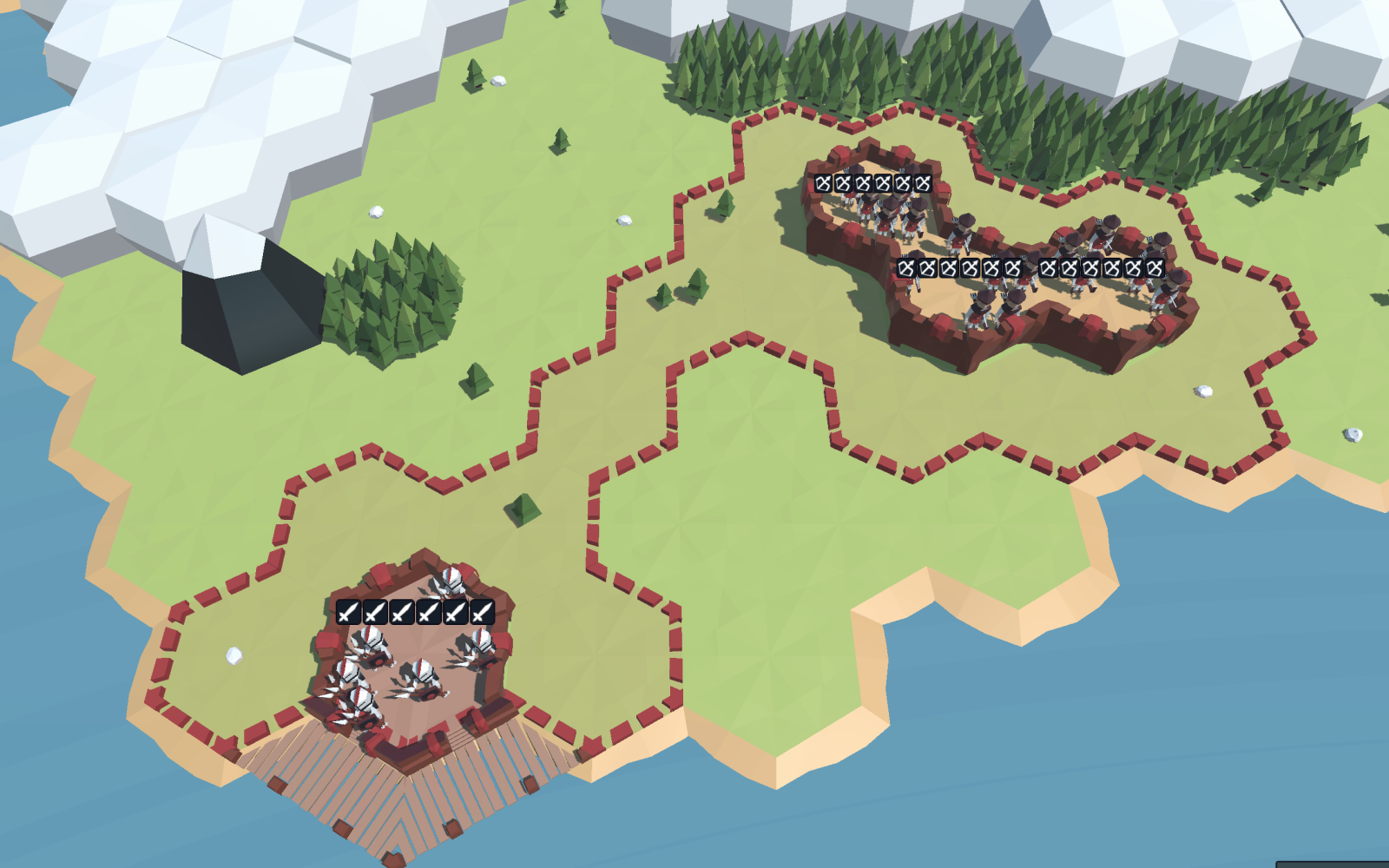 A hex map showing a home base joined to a forward area by a narrow corridor that has been pinched, leaving the forward area at risk of being cut off.