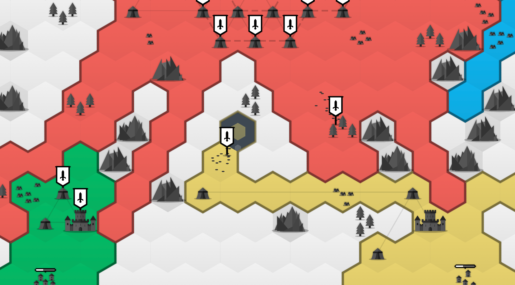 A HexArena Classic match on a colorful 2D hex map with red, green, and yellow territories, forests, mountains, castles, and army banners.