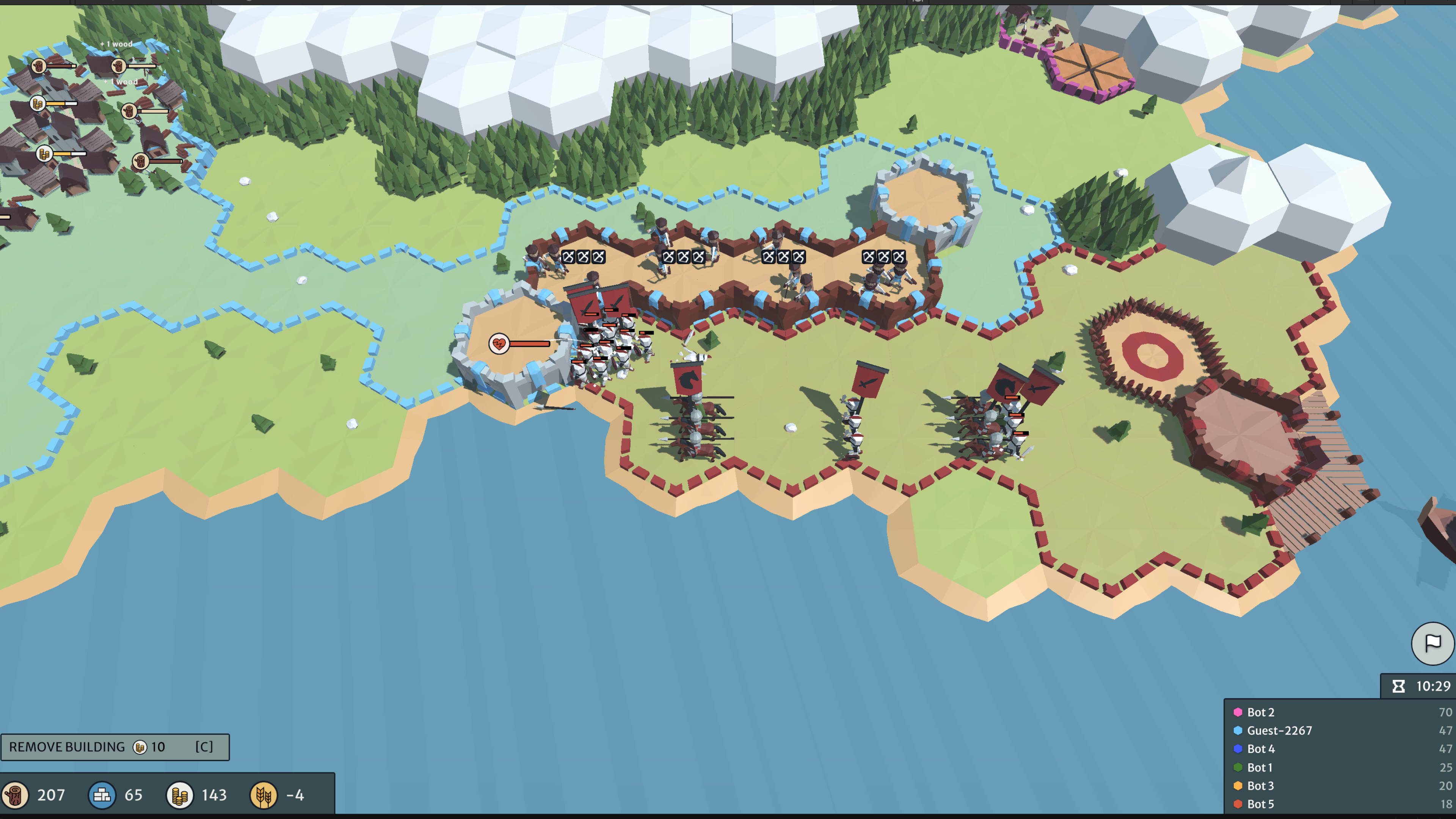A HexArena map showing armies advancing toward an opponent's territory with combat underway, under normal gameplay controls.