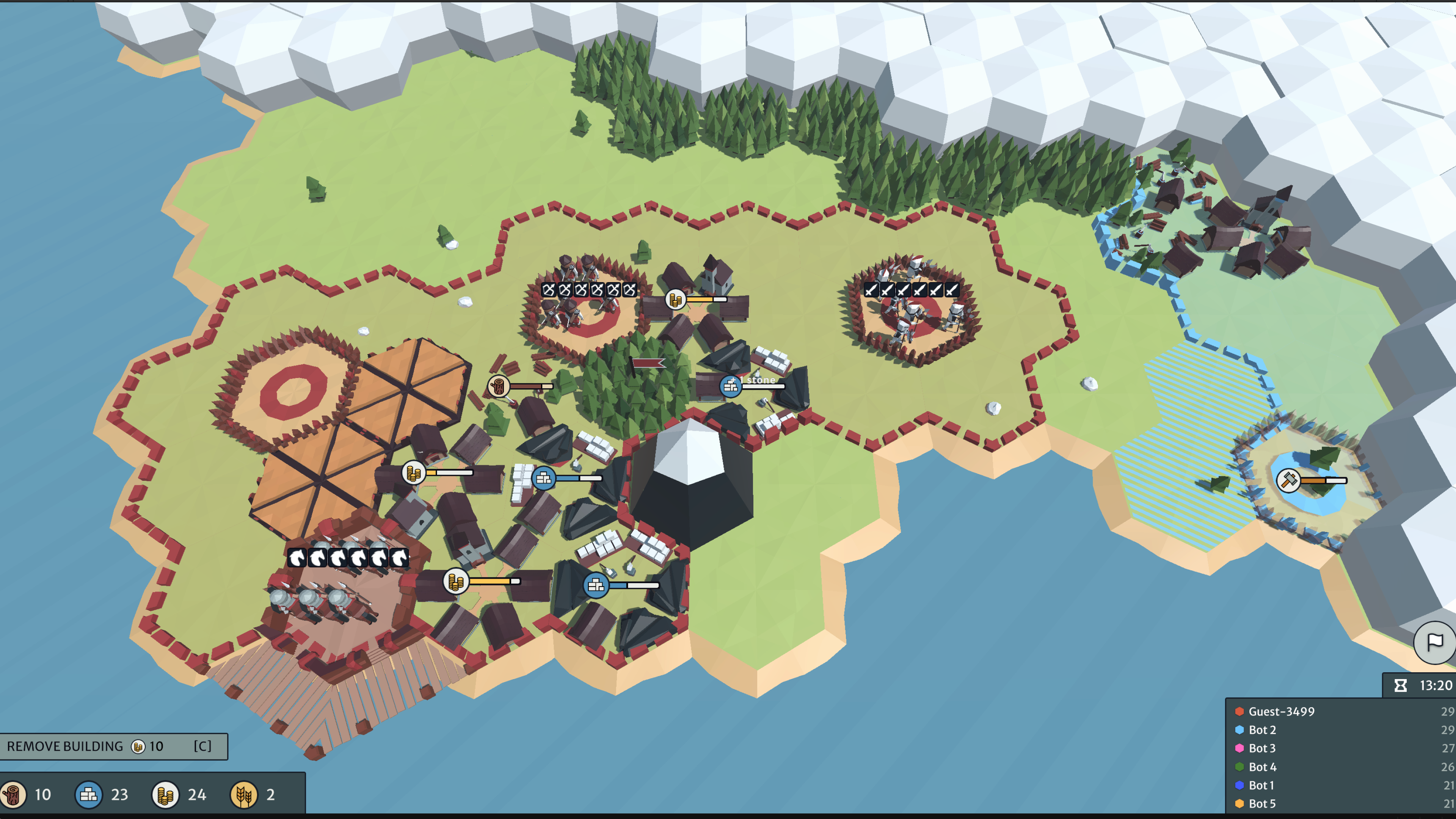 An early-game HexArena map showing a village surrounded by a forester, a quarry, a farm, and a camp under normal gameplay controls.