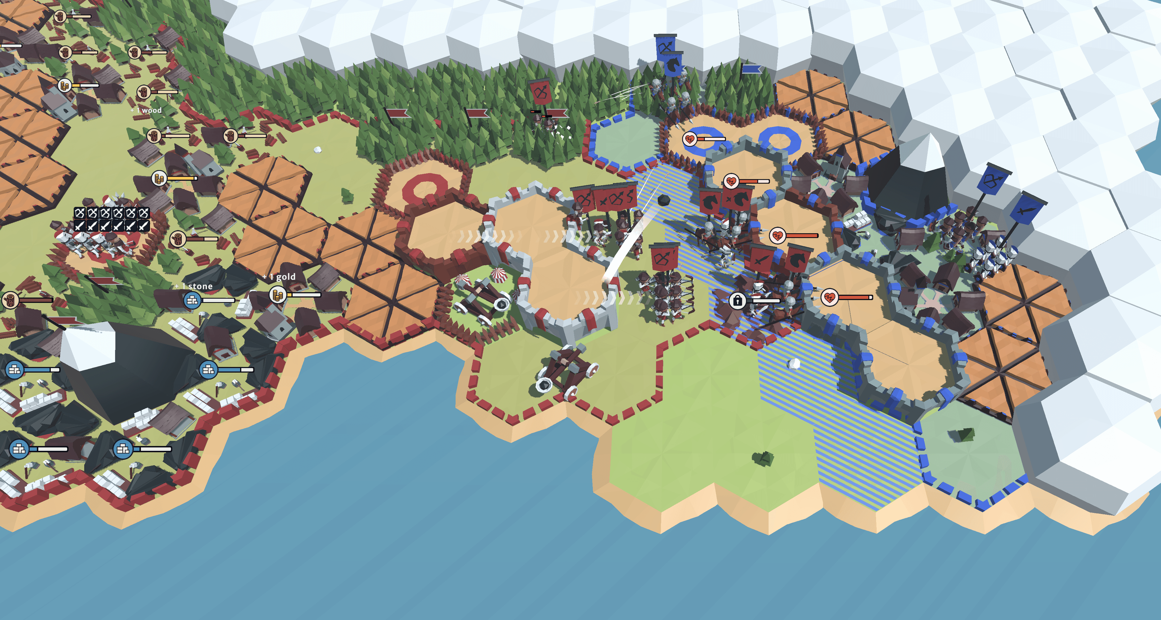A late-game HexArena hex map showing several players' colored territories, buildings, and armies in contested positions.